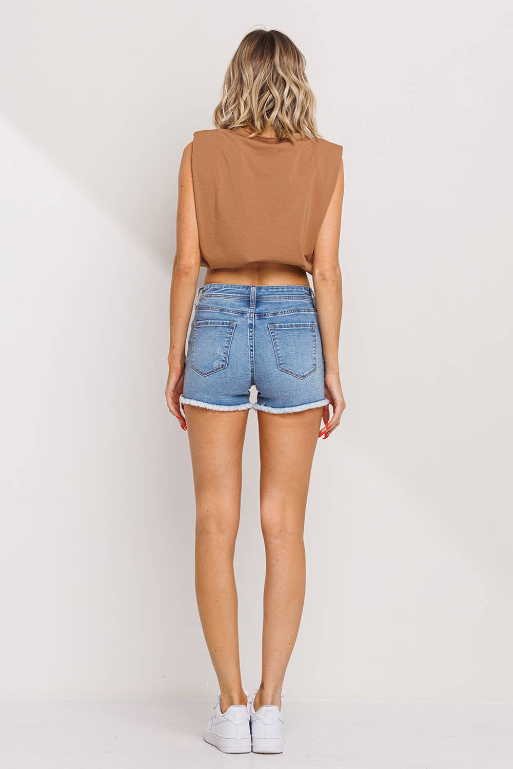 Button Fly Mid Rise Shorts with Fray Hem