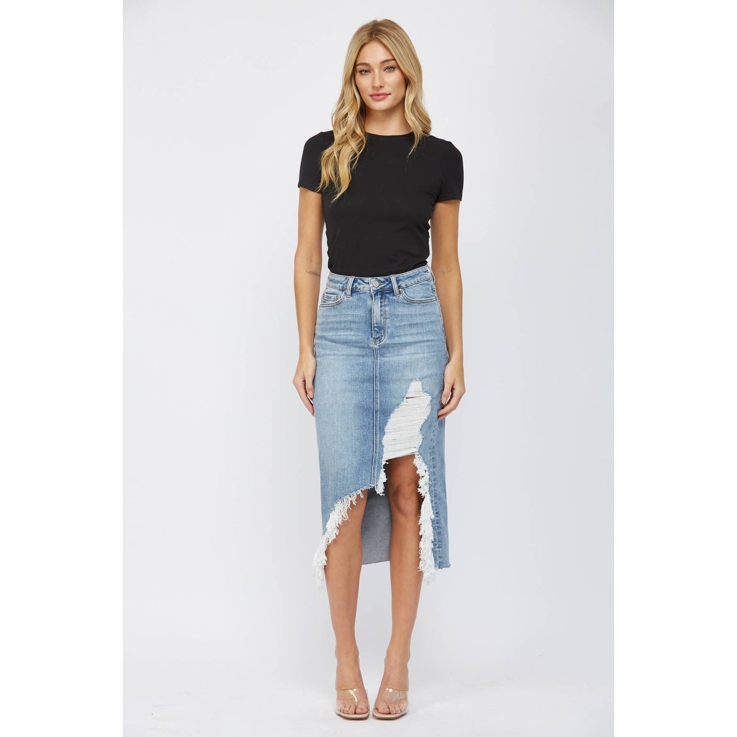 MICA DISTRESSED HIGH WAISTED MIDI JEANS SKIRT