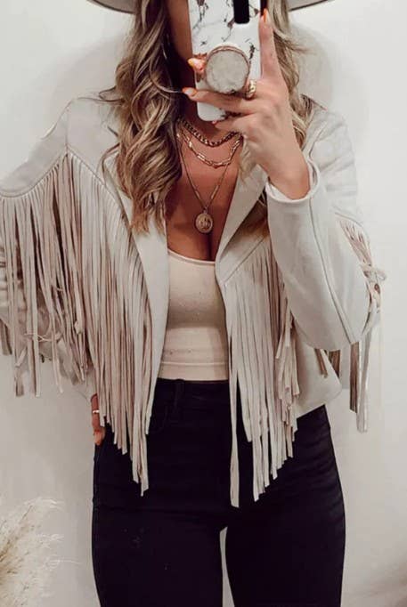 Long Sleeve Faux Suede Fringe Jacket