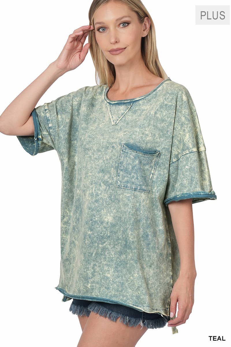 Zenana Plus Size Acid Wash Raw Edge Top