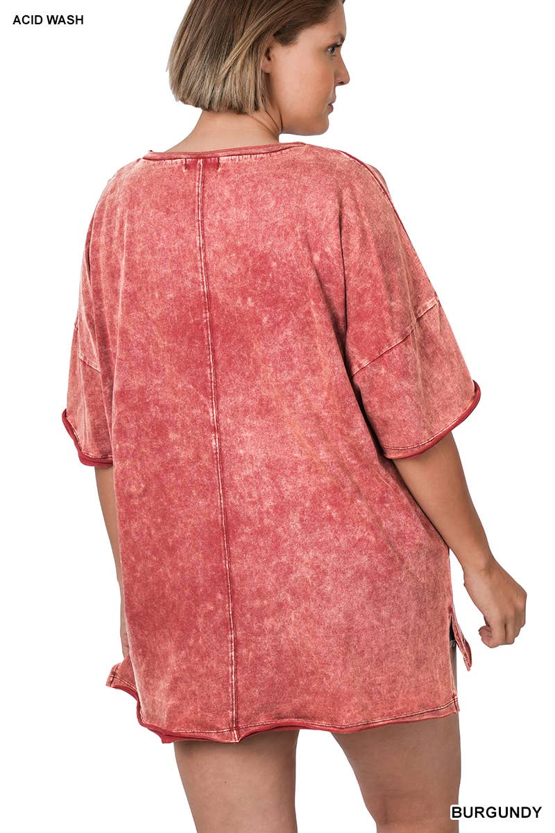 Zenana Plus Size Acid Wash Raw Edge Top