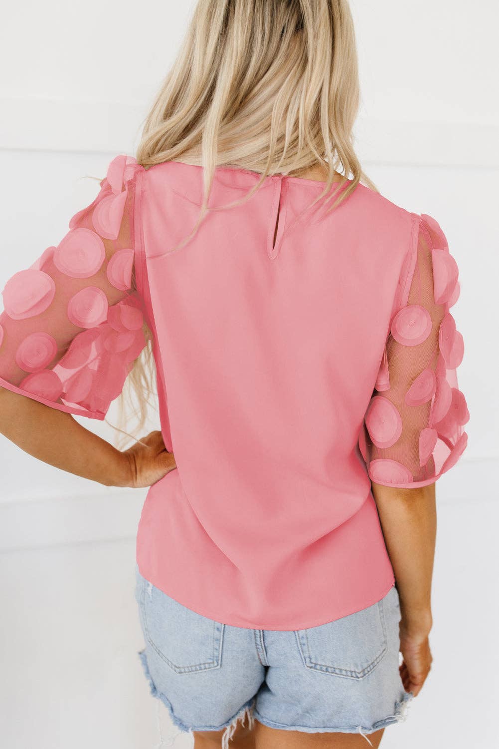 Solid Color Contrast Applique Mesh Half Sleeve Blouse