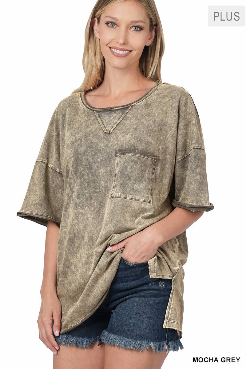 Zenana Plus Size Acid Wash Raw Edge Top