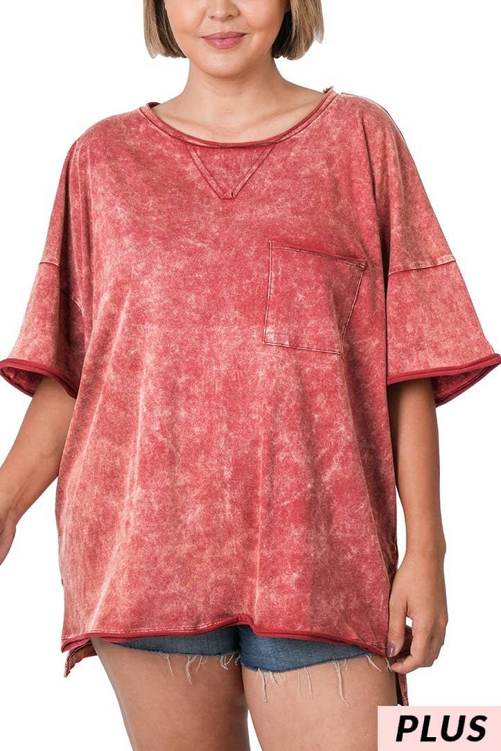 Zenana Plus Size Acid Wash Raw Edge Top