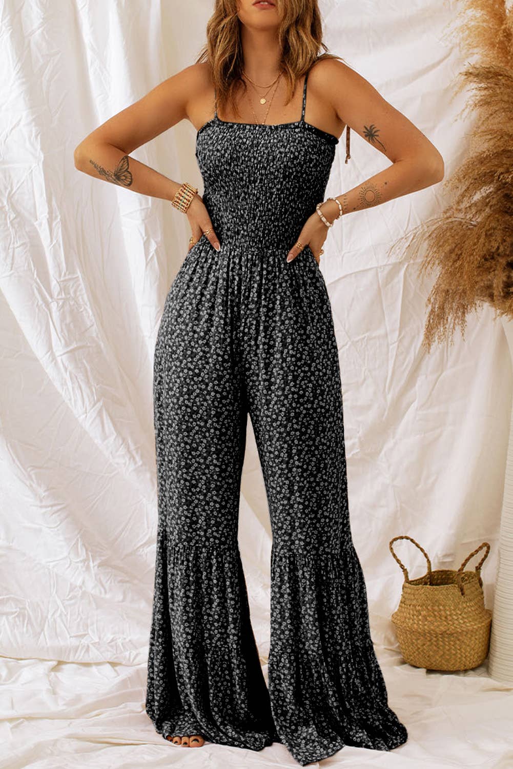 Smocked Bodice Wide Leg Floral Jumpsuit