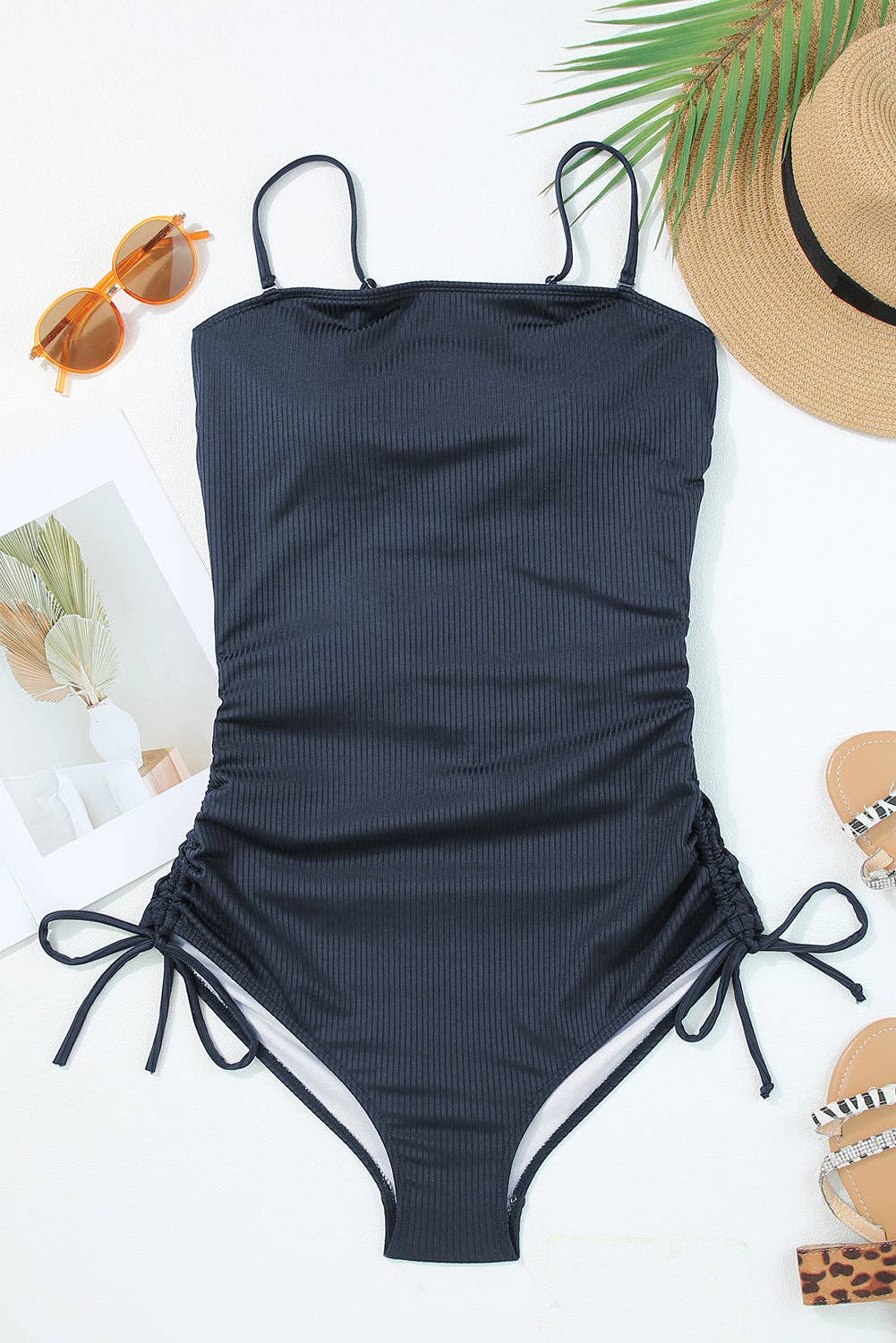 Ribbed Drawstring Sides Cutout One Piece Swimsuit