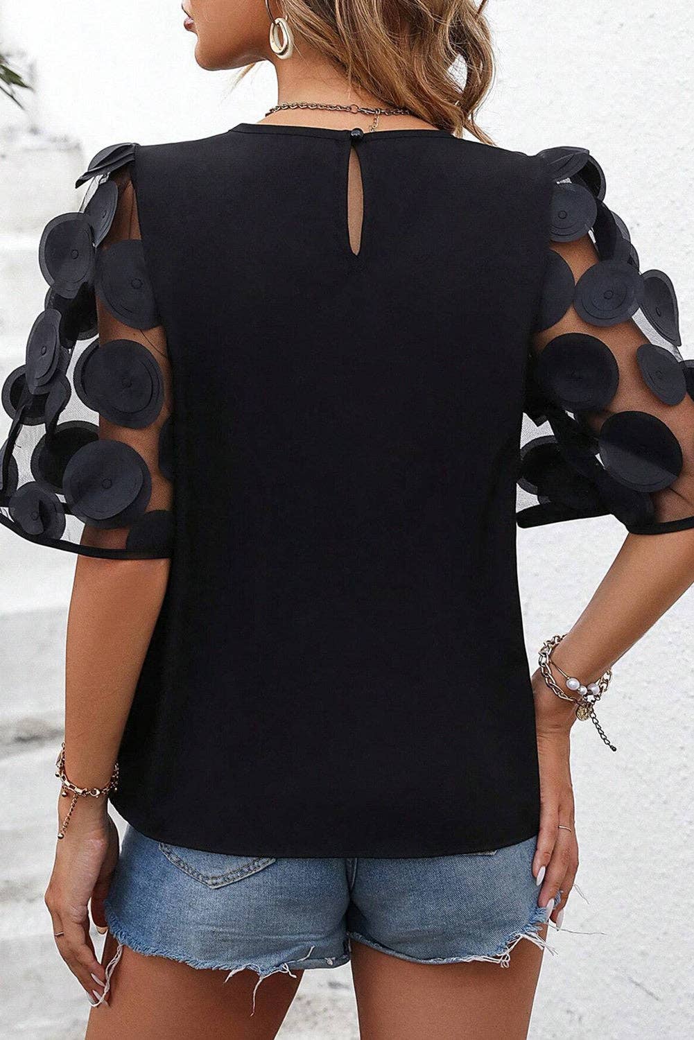 Solid Color Contrast Applique Mesh Half Sleeve Blouse