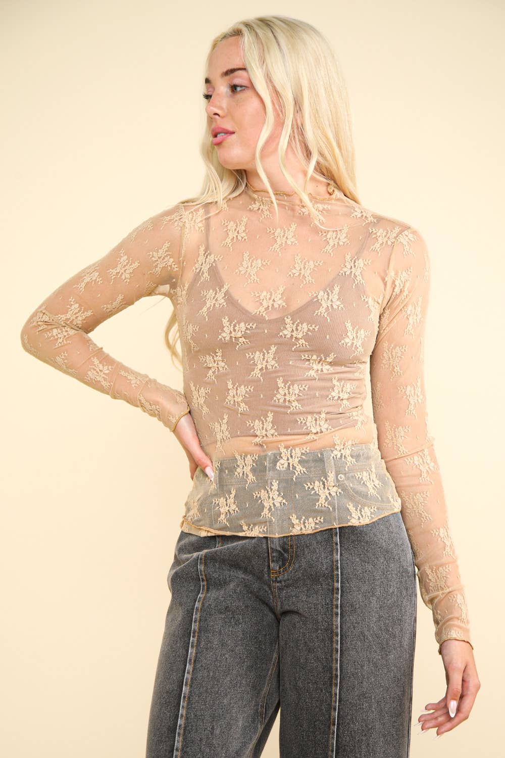 Victoria Sheer Mesh Lace Knit Top