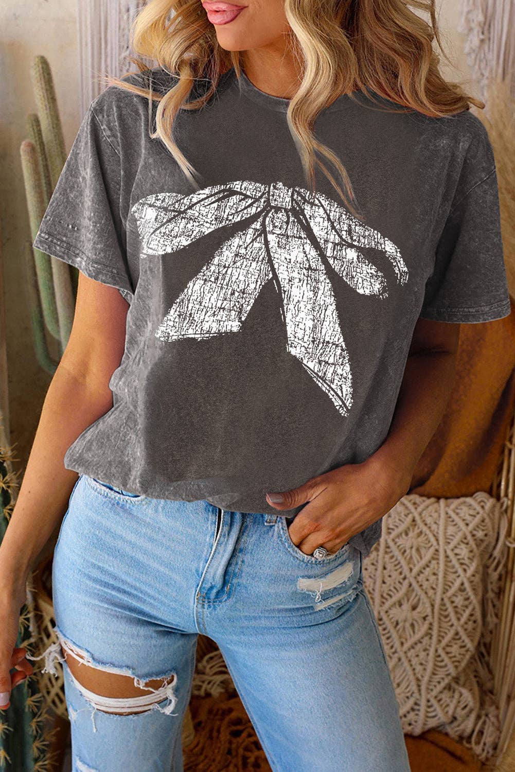 Bowknot Graphic Mineral Wash T Shirt