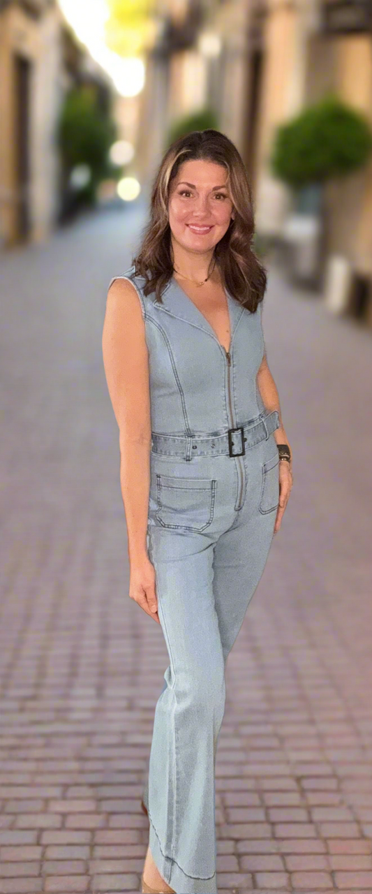 Sleeveless Belted Long Denim Jumpsuit