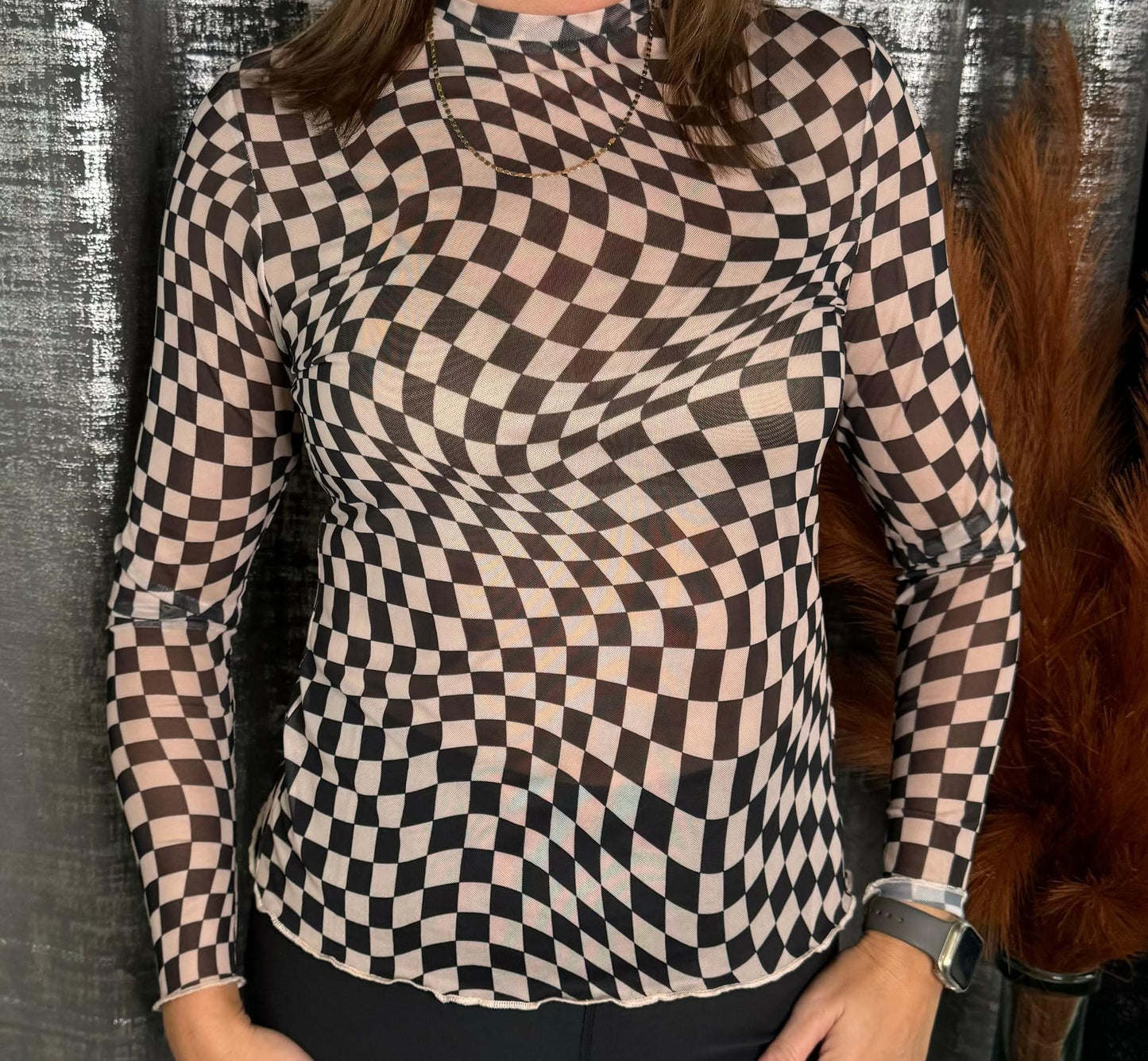 DANIKA CHECKERED MESH LAYERING TOP