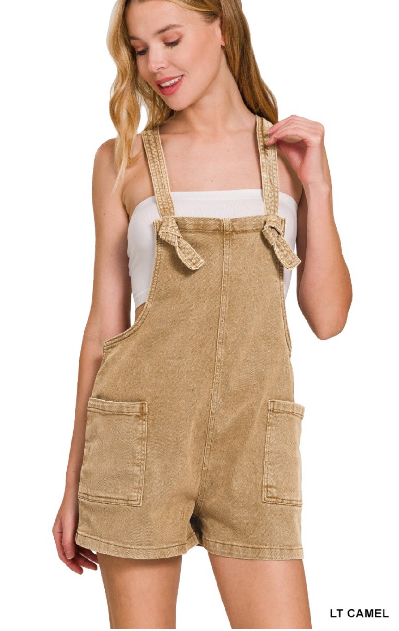 Zenana Washed Knot Strap Rompers