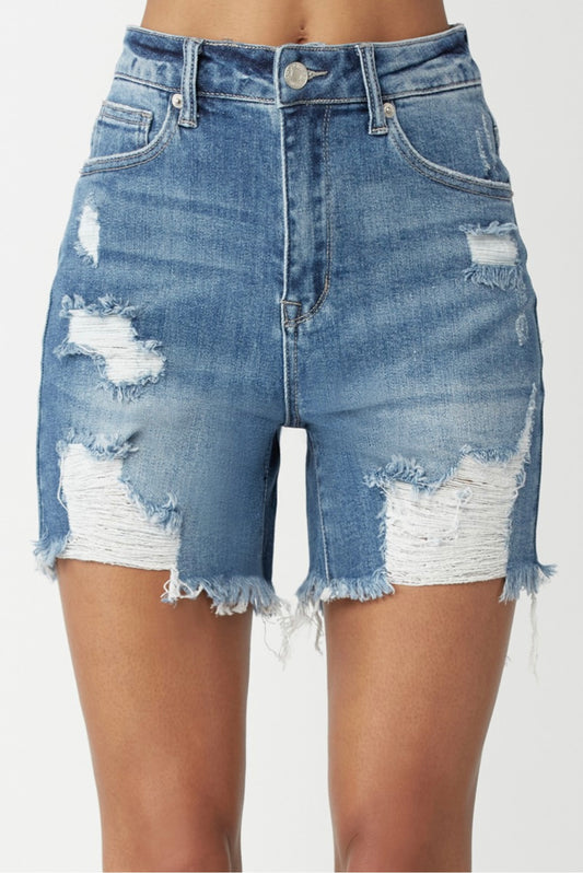 Risen High Rise Mid Thigh Distressed Shorts