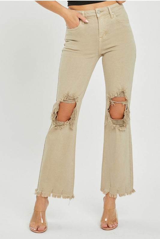 Risen Sand High Rise Knee Distressed Straight Pants