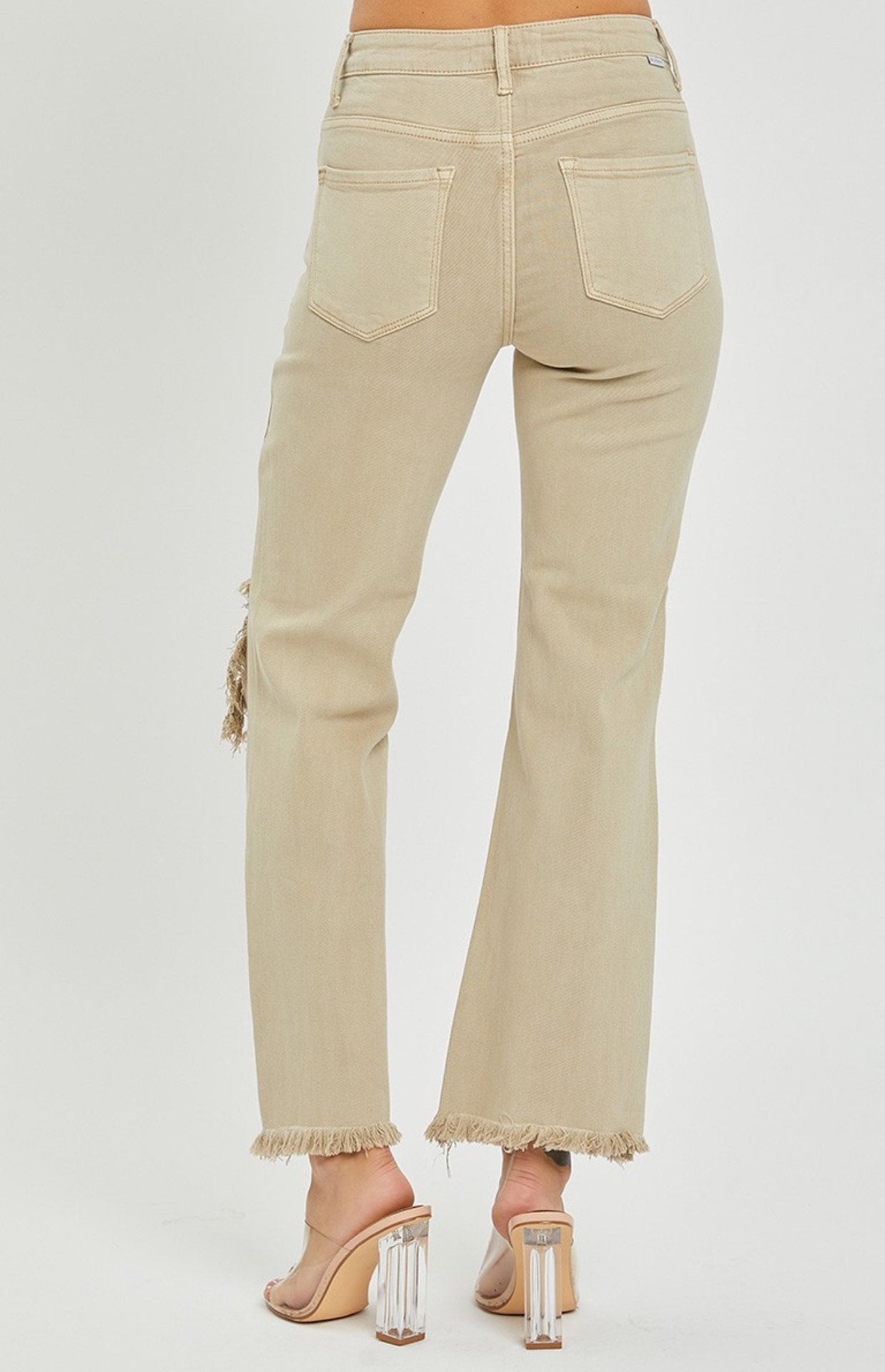 Risen Sand High Rise Knee Distressed Straight Pants