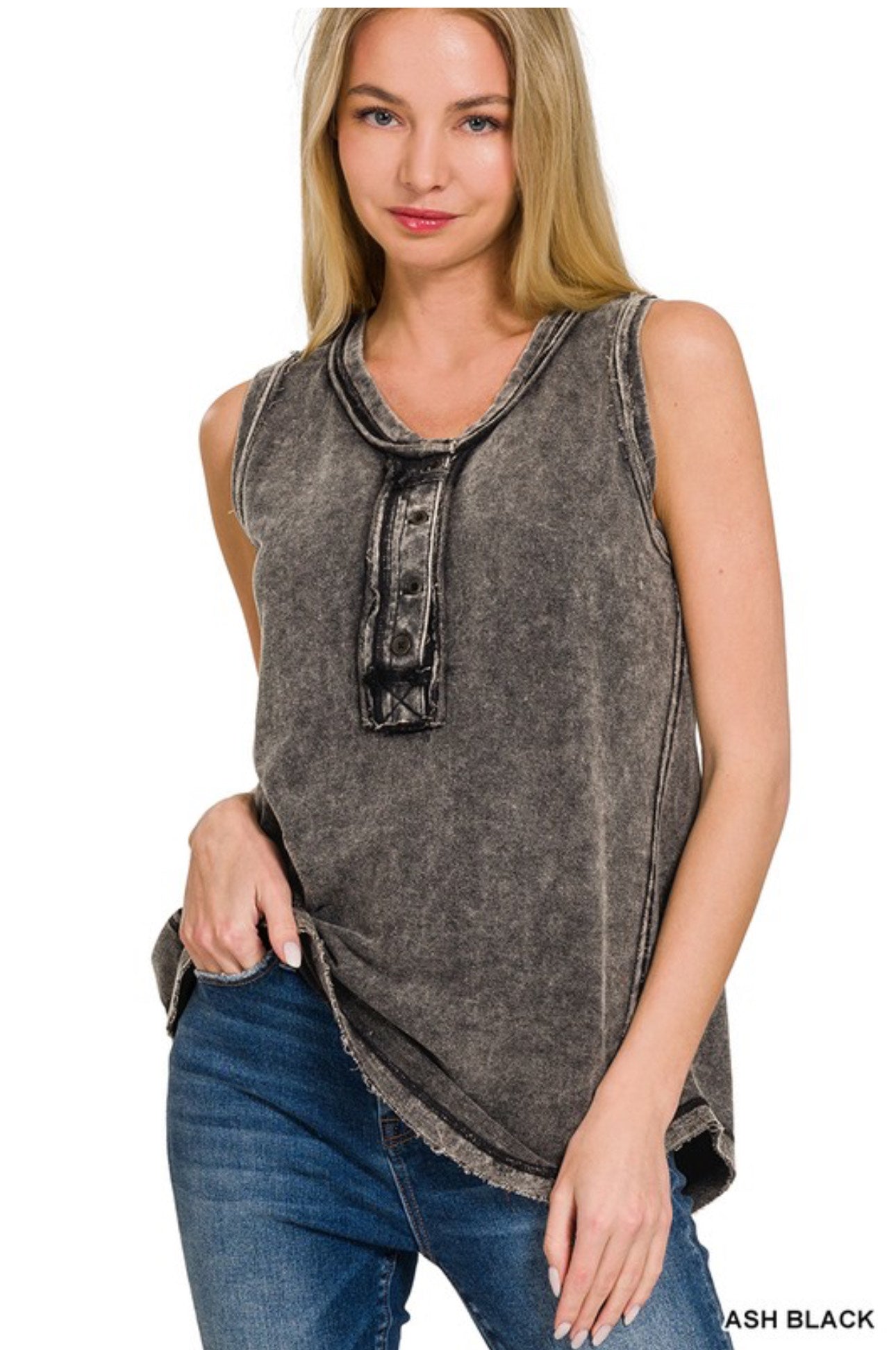 Zenana Raw Edge Henley Tank