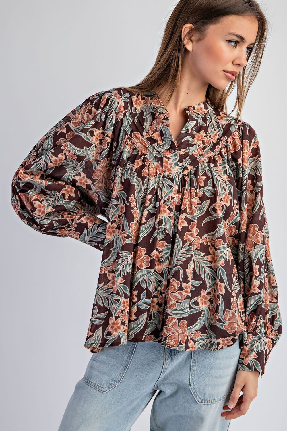 BETTE BROWN FLORAL LONG SLEEVE TOP