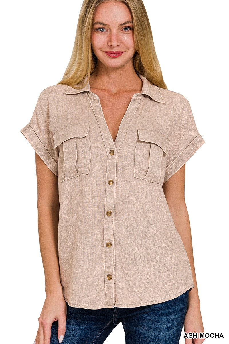 Zenana Washed Linen Button Down Shirt