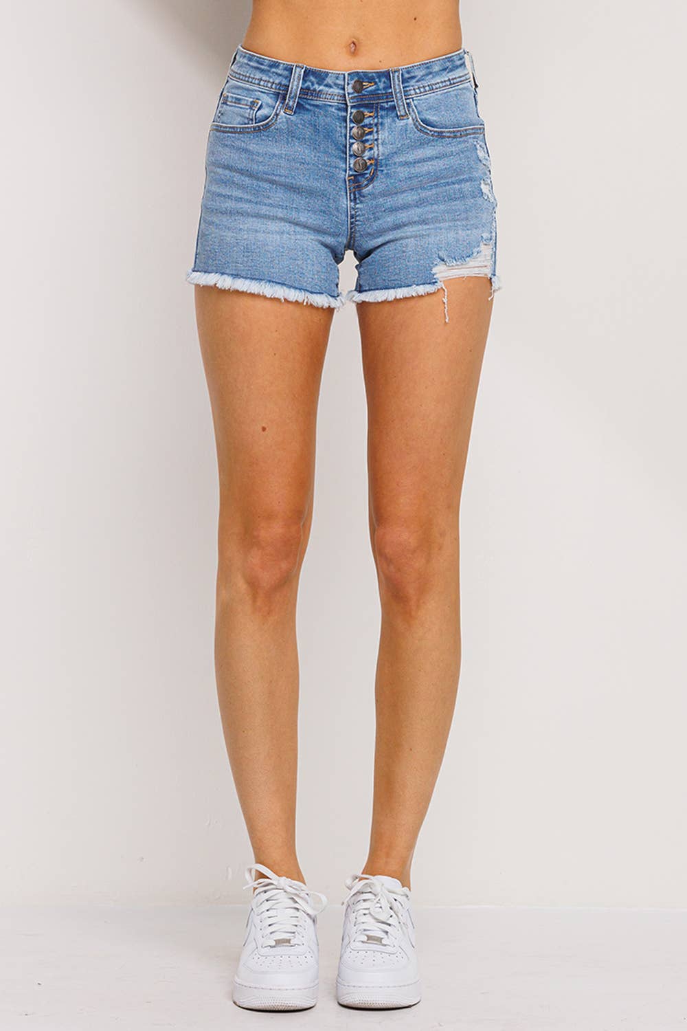 Button Fly Mid Rise Shorts with Fray Hem