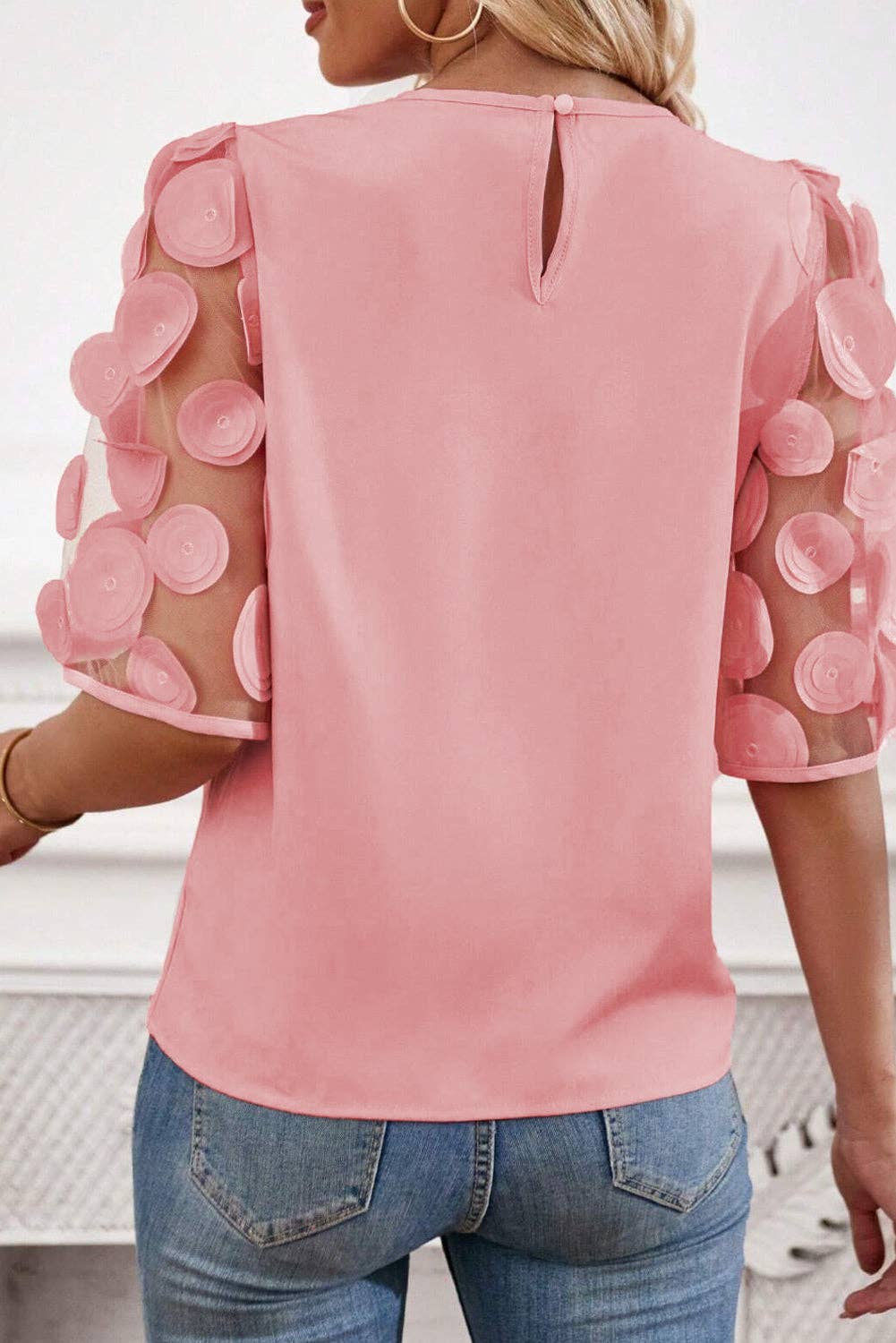 Solid Color Contrast Applique Mesh Half Sleeve Blouse