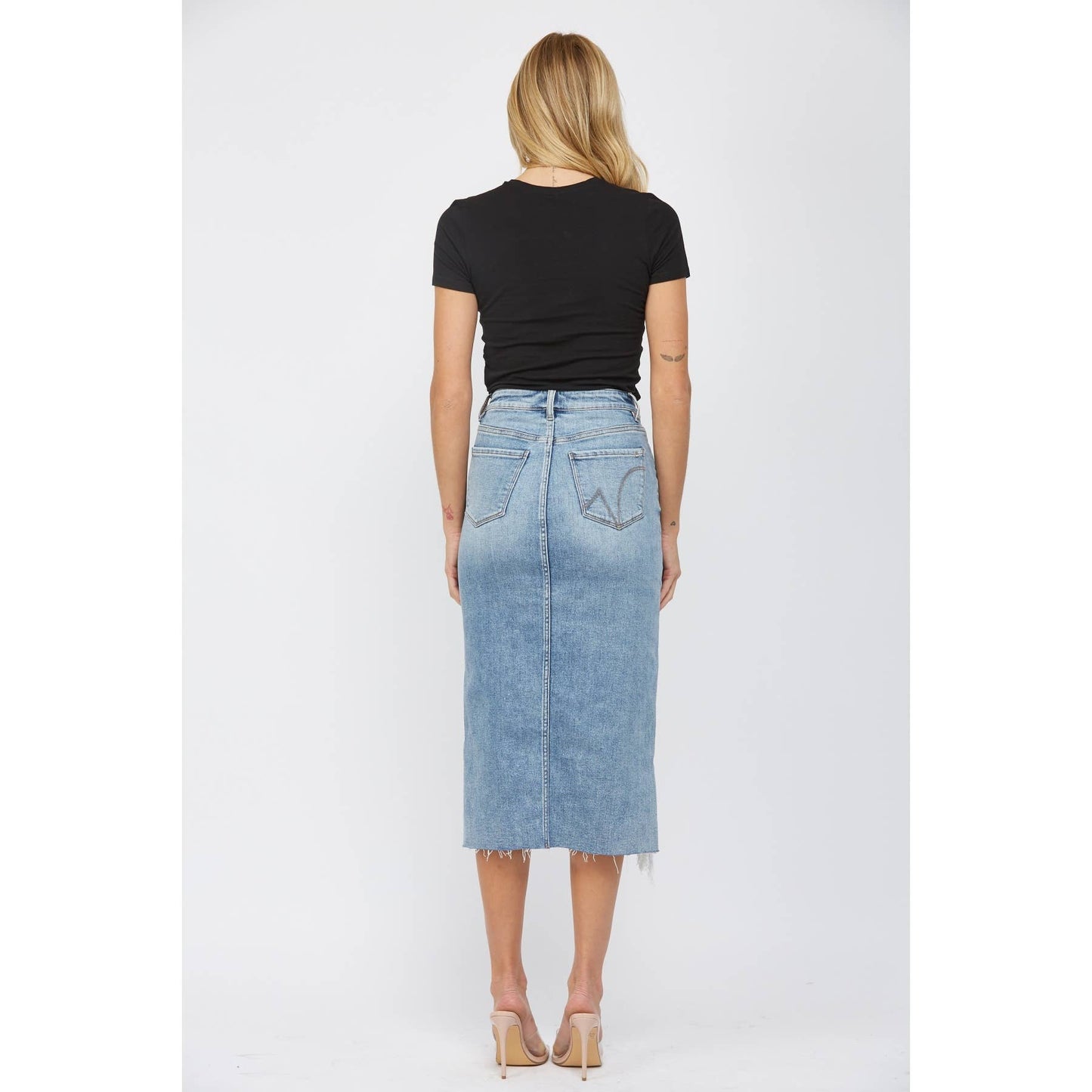 MICA DISTRESSED HIGH WAISTED MIDI JEANS SKIRT