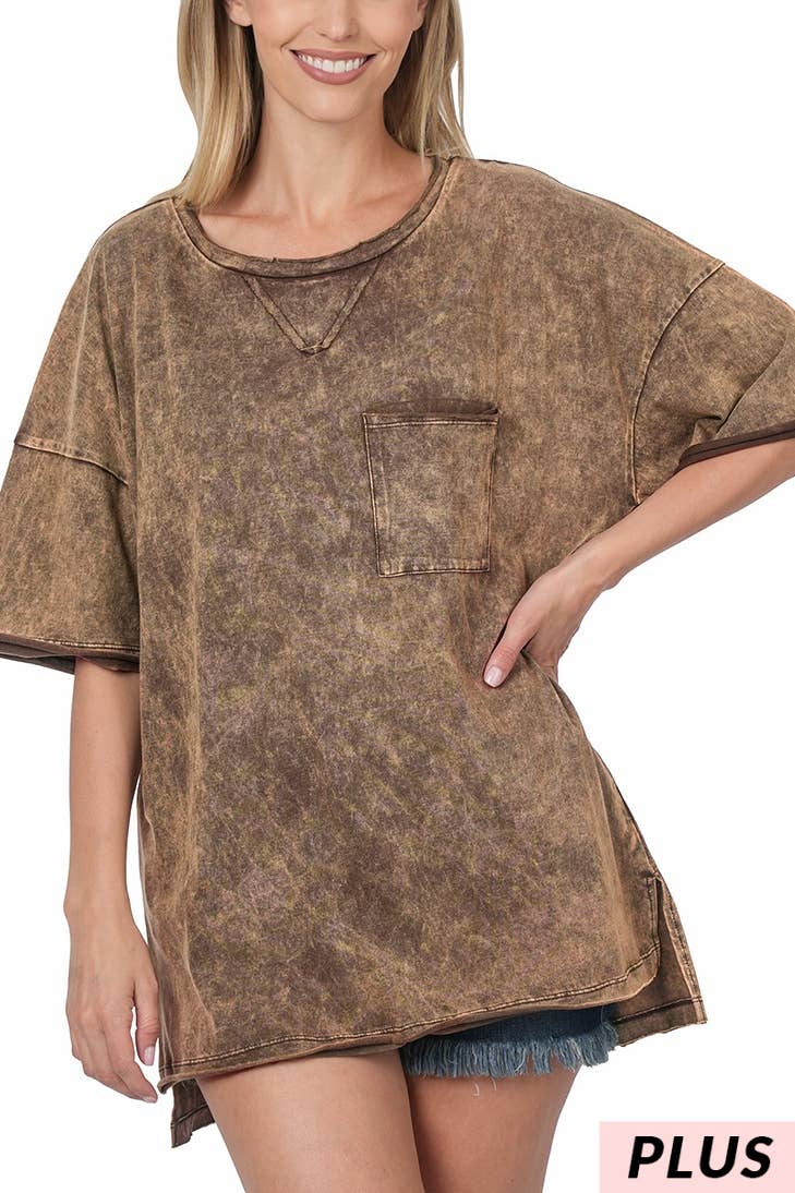 Zenana Plus Size Acid Wash Raw Edge Top