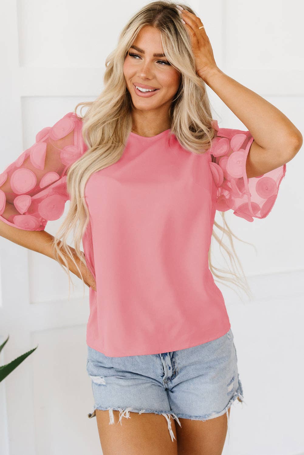 Solid Color Contrast Applique Mesh Half Sleeve Blouse