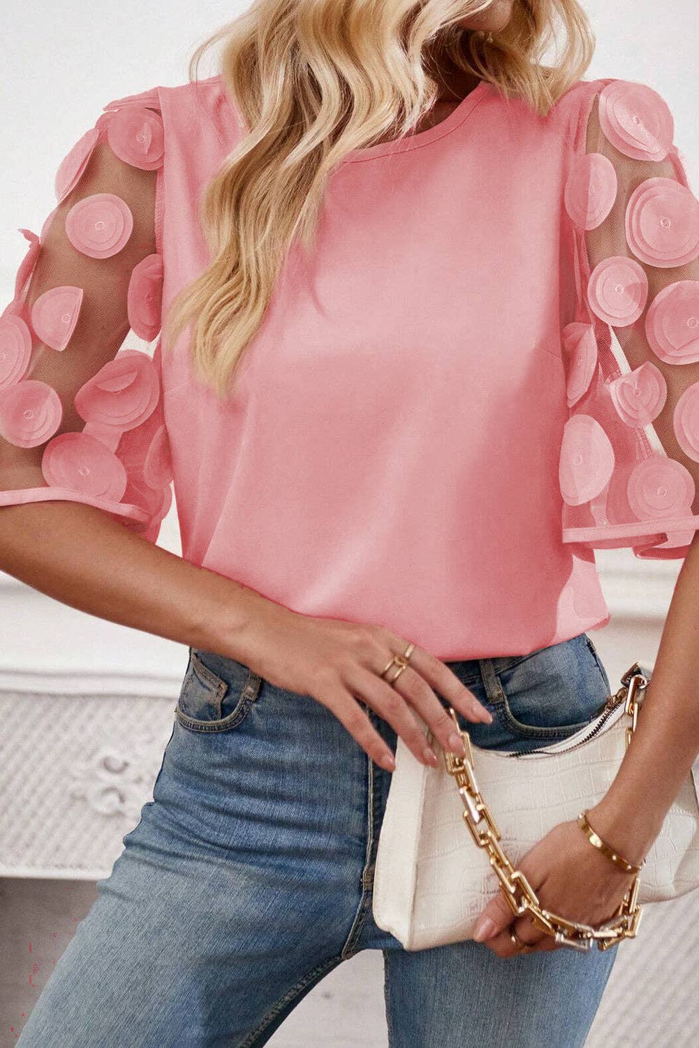 Solid Color Contrast Applique Mesh Half Sleeve Blouse