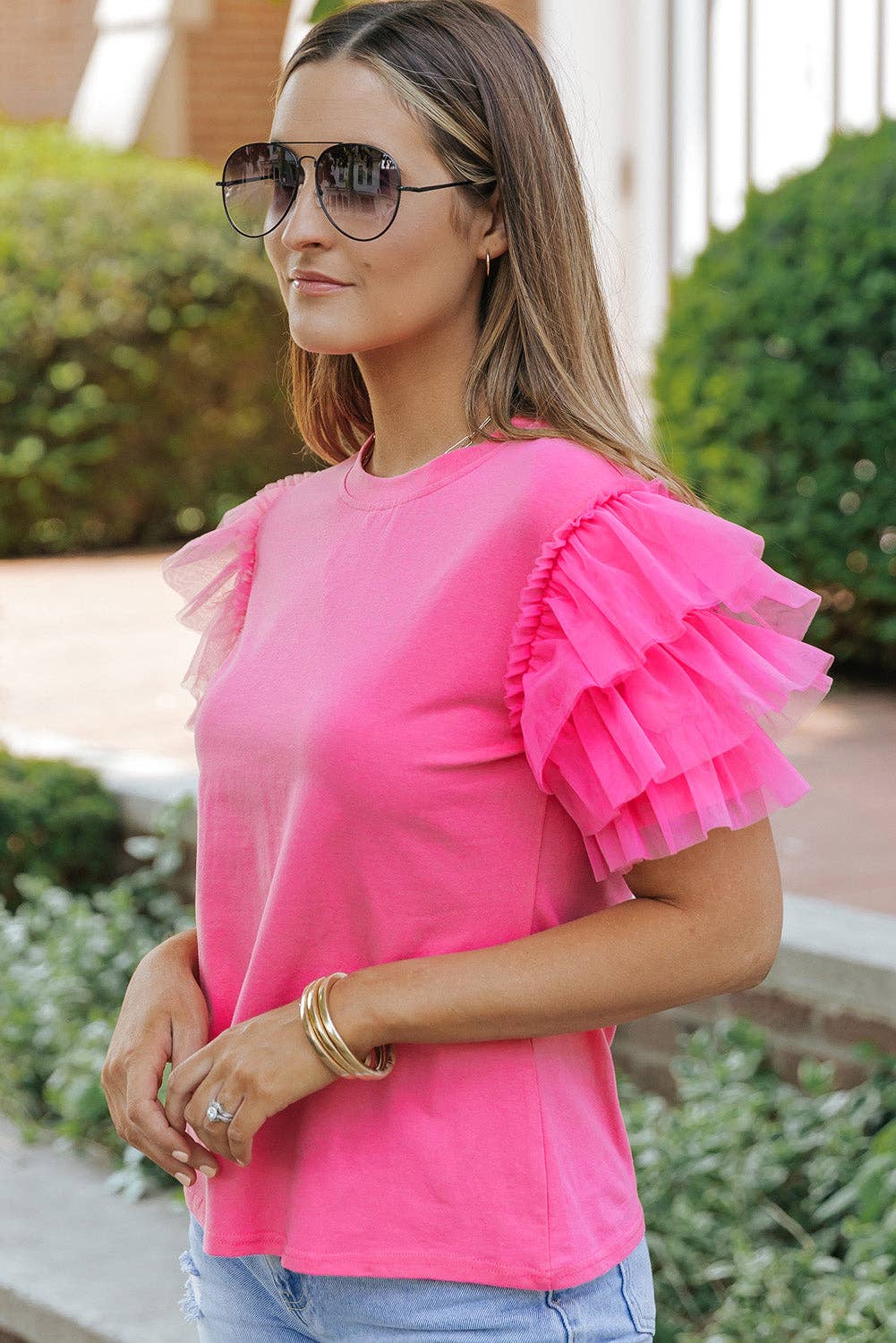 Pink Tulle Ruffle Sleeve Top