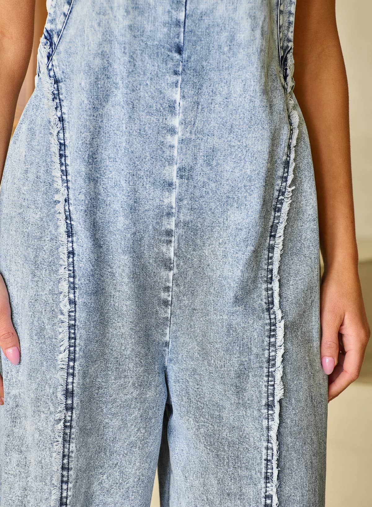 Light Wash Frayed Wide Leg Denim Overall