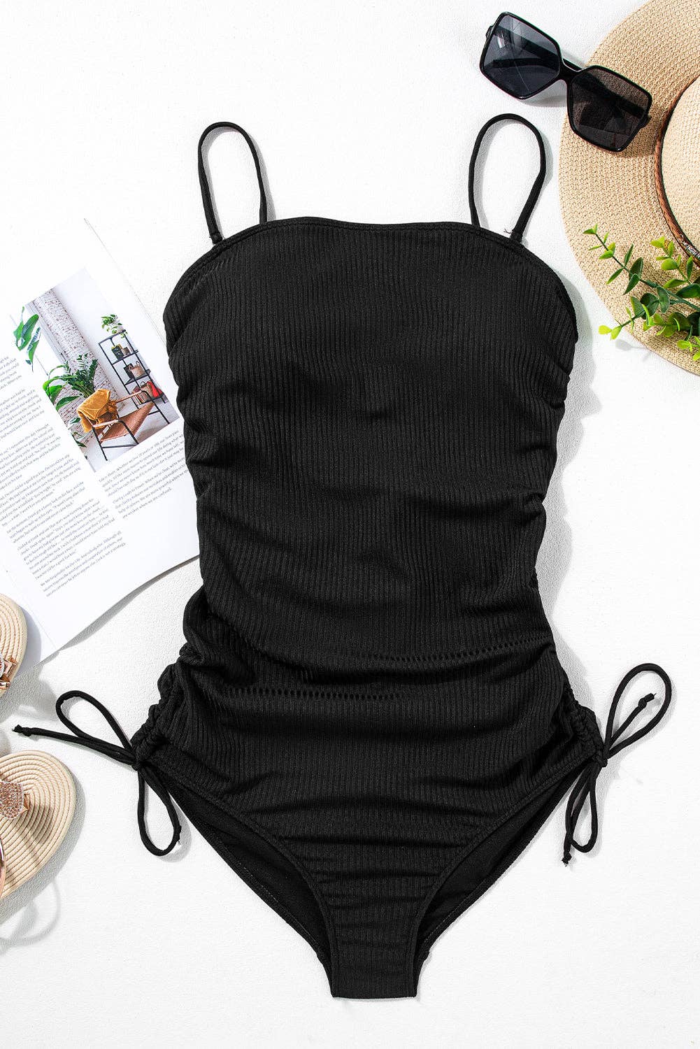 Ribbed Drawstring Sides Cutout One Piece Swimsuit