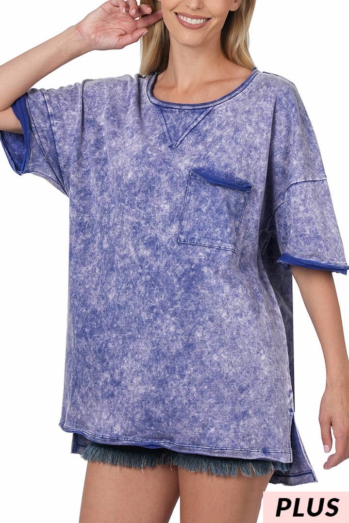 Zenana Plus Size Acid Wash Raw Edge Top