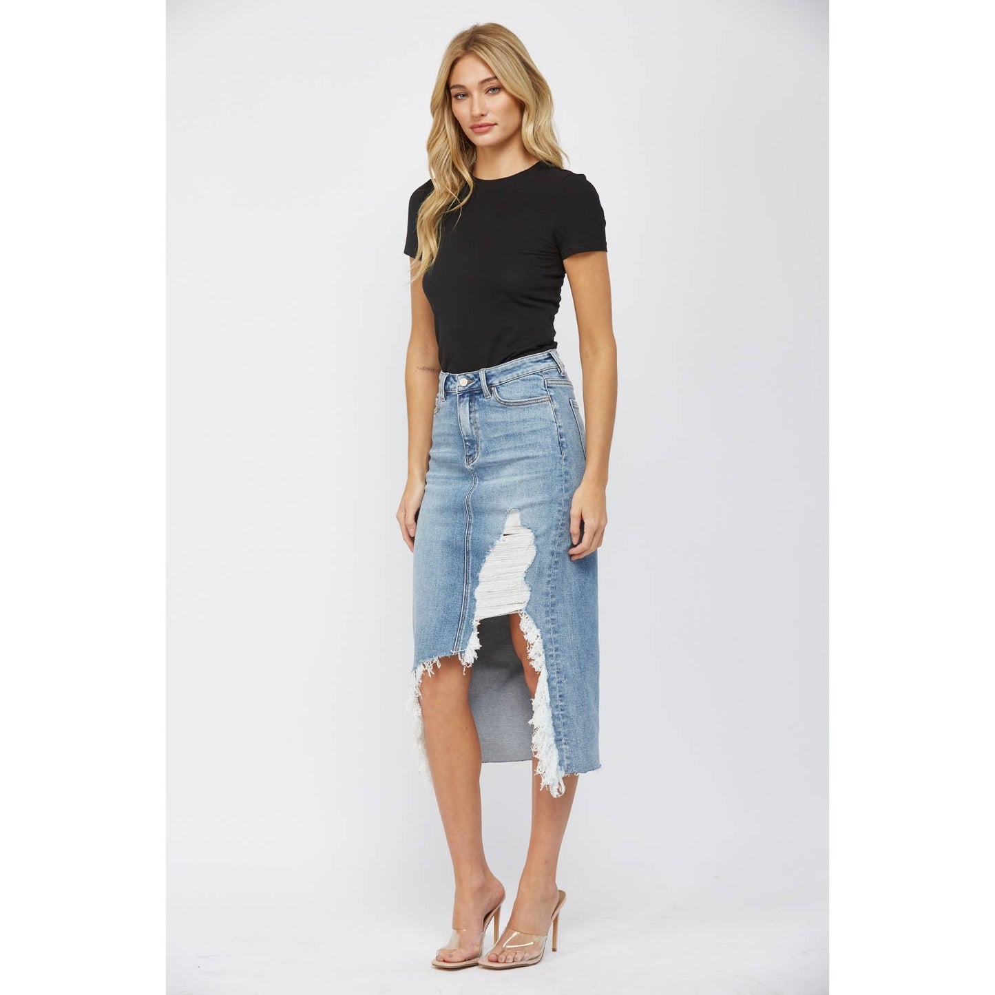 MICA DISTRESSED HIGH WAISTED MIDI JEANS SKIRT