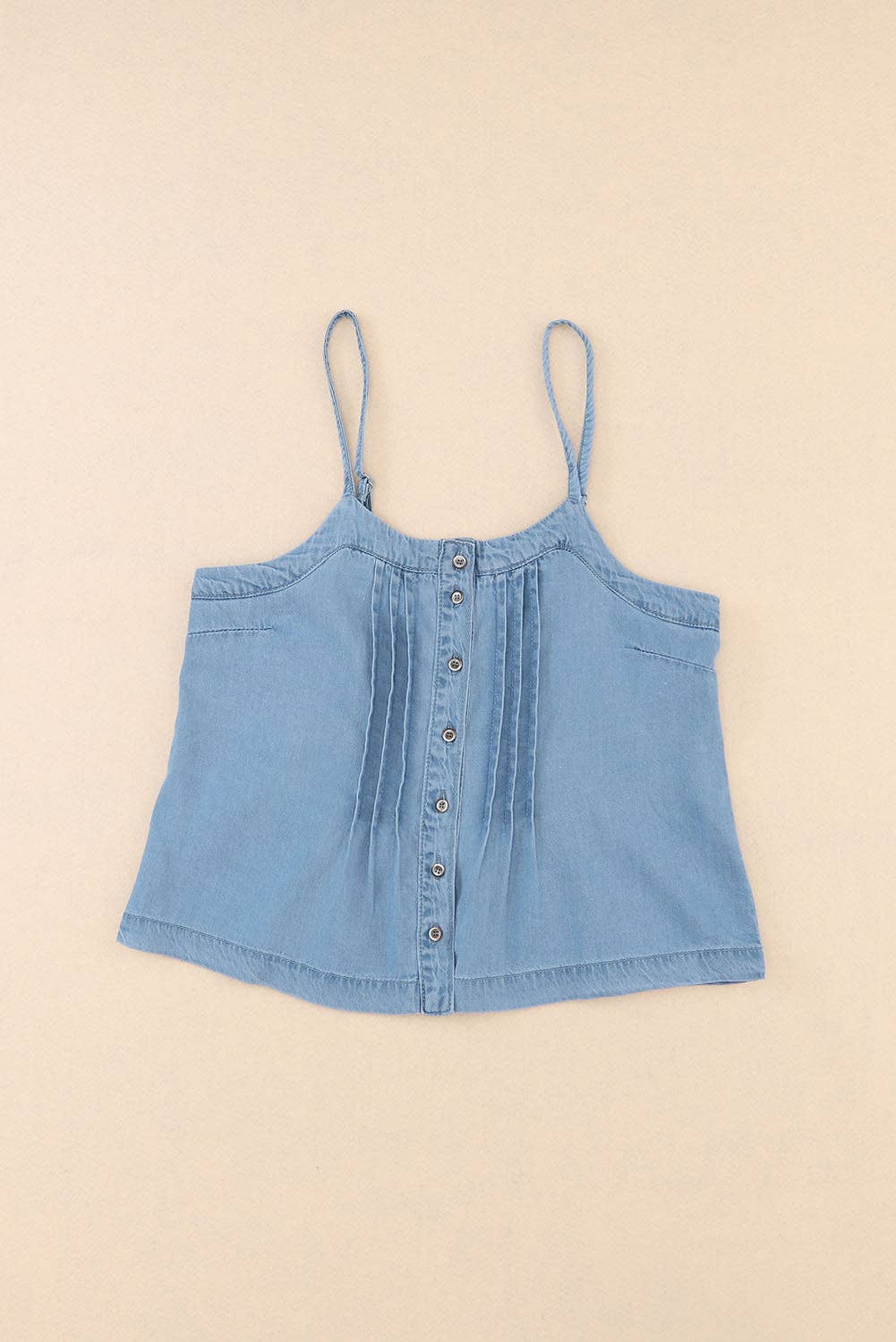 Sky Blue Pleated Buttons Denim Tank Top