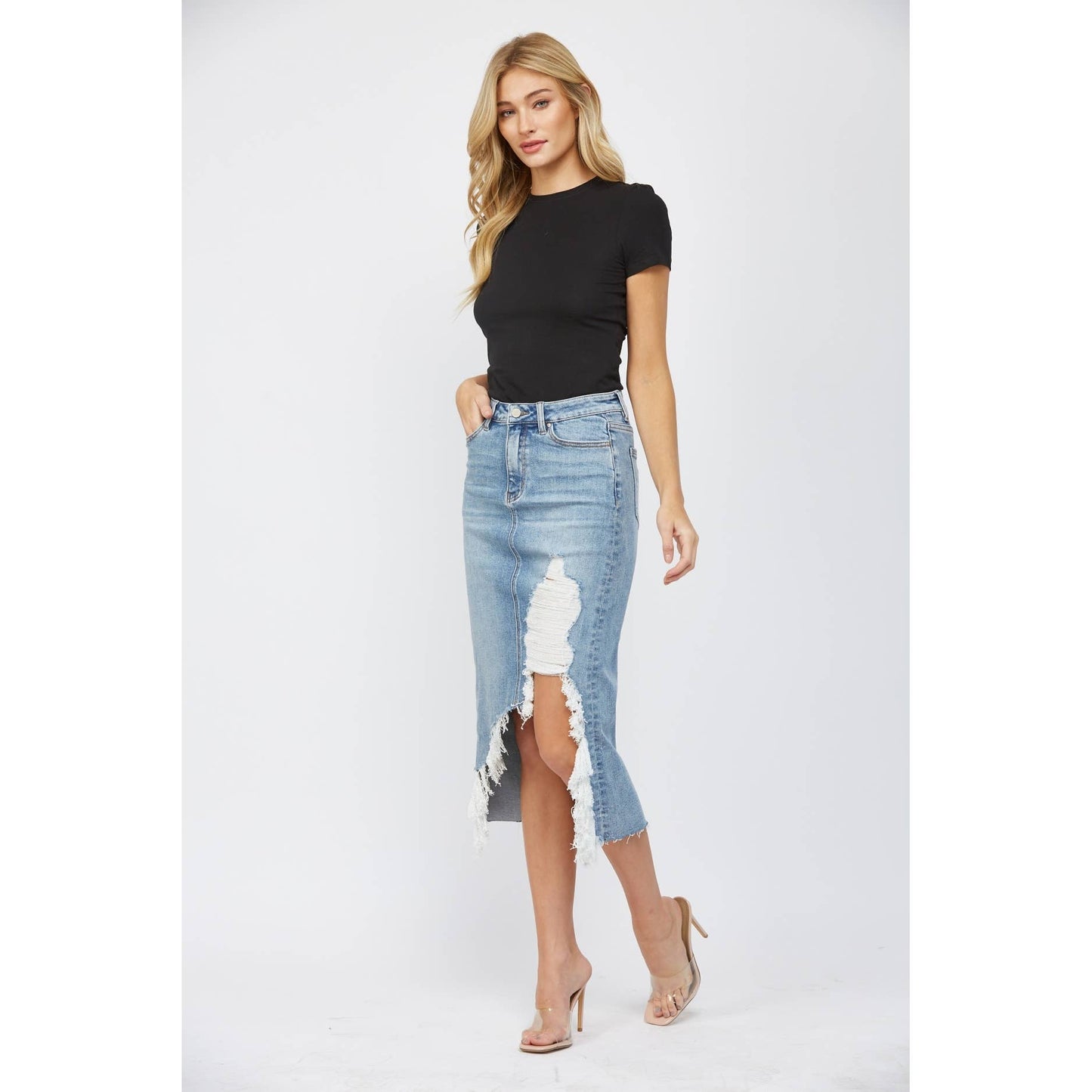 MICA DISTRESSED HIGH WAISTED MIDI JEANS SKIRT