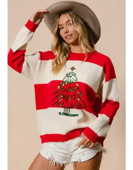 SEQUIN CHRISTMAS TREE STRIPED SWEATER